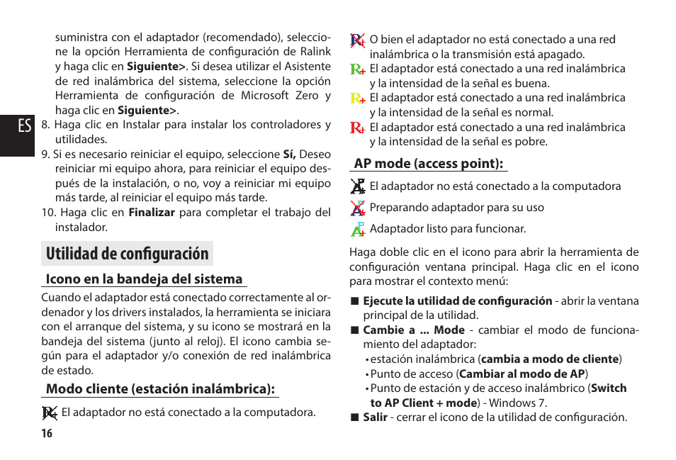 Utilidad de configuración, Icono en la bandeja del sistema, Modo cliente (estación inalámbrica) | Ap mode (access point) | Media-Tech WLAN USB DONGLE 11n User Manual | Page 16 / 25