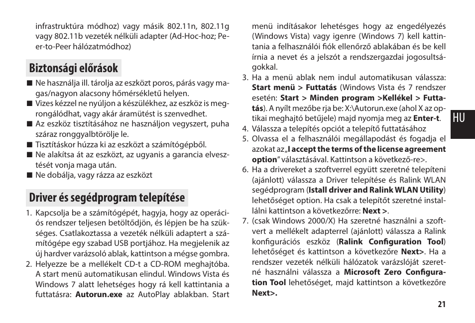 Biztonsági előrások, Driver és segédprogram telepítése | Media-Tech WLAN USB DONGLE 11n User Manual | Page 21 / 25