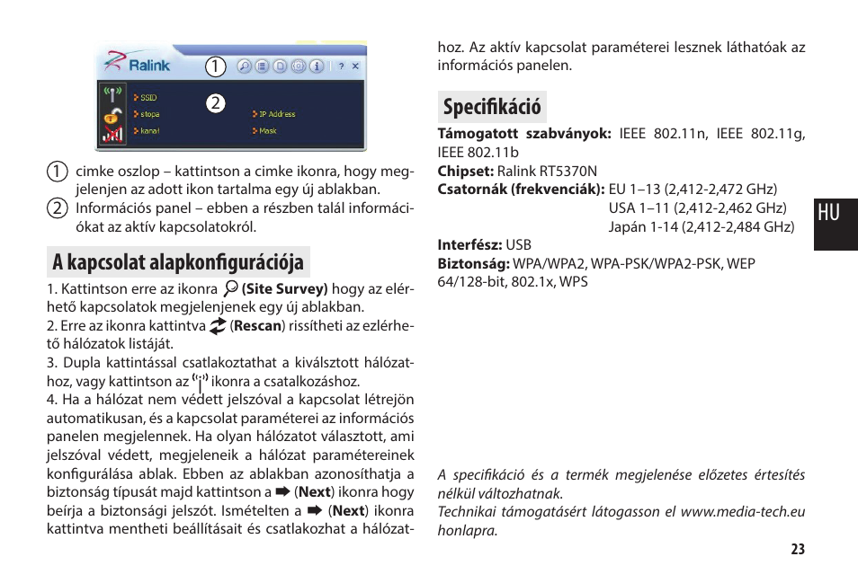 A kapcsolat alapkonfigurációja, Specifikáció | Media-Tech WLAN USB DONGLE 11n User Manual | Page 23 / 25