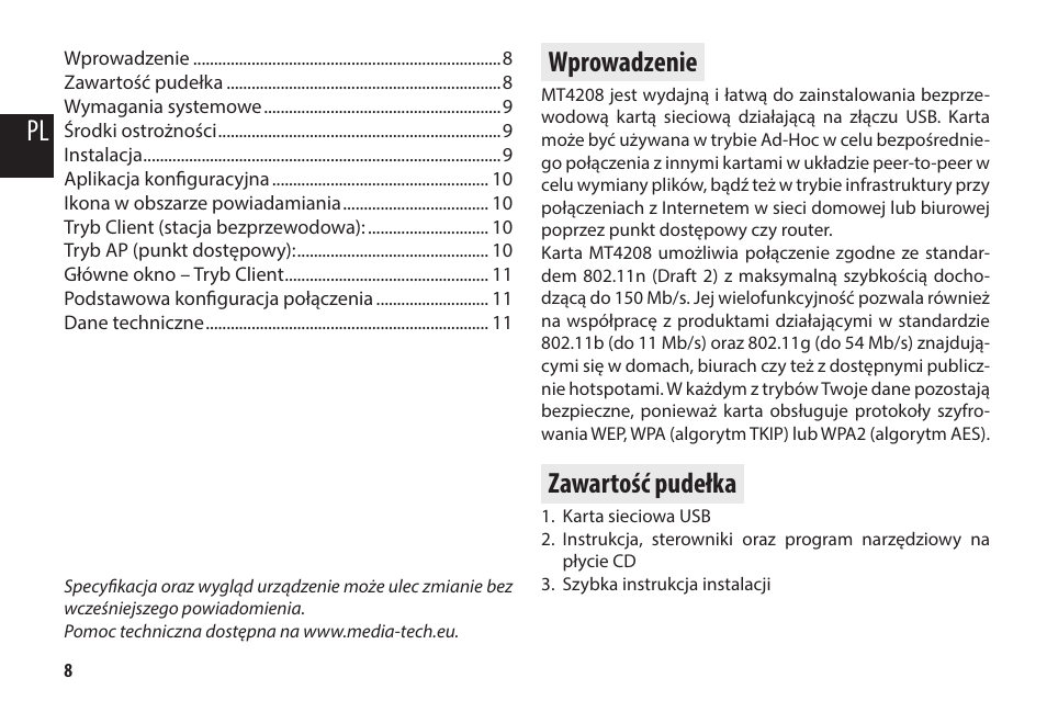 Wprowadzenie, Zawartość pudełka | Media-Tech WLAN USB DONGLE 11n User Manual | Page 8 / 25