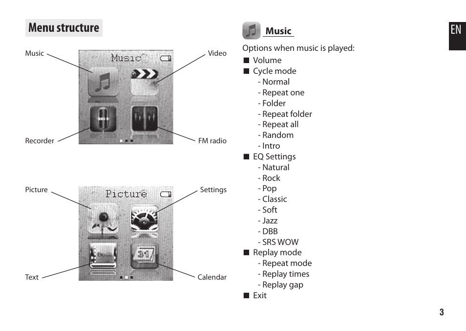 En menu structure | Media-Tech JOYMAN MP4 WATCH User Manual | Page 3 / 5