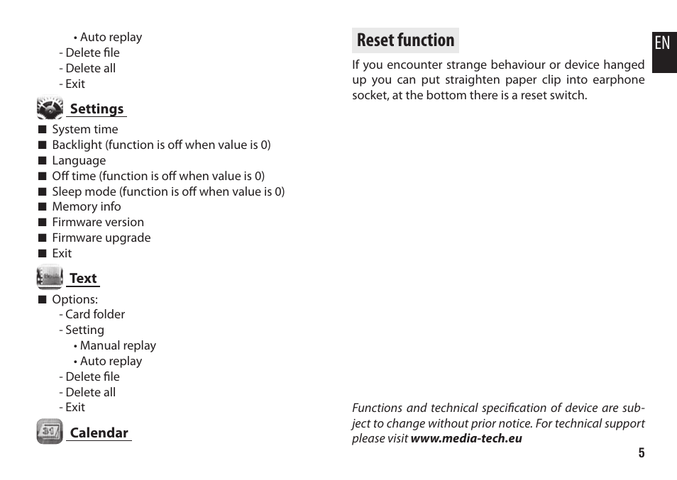 Reset function | Media-Tech JOYMAN MP4 WATCH User Manual | Page 5 / 5