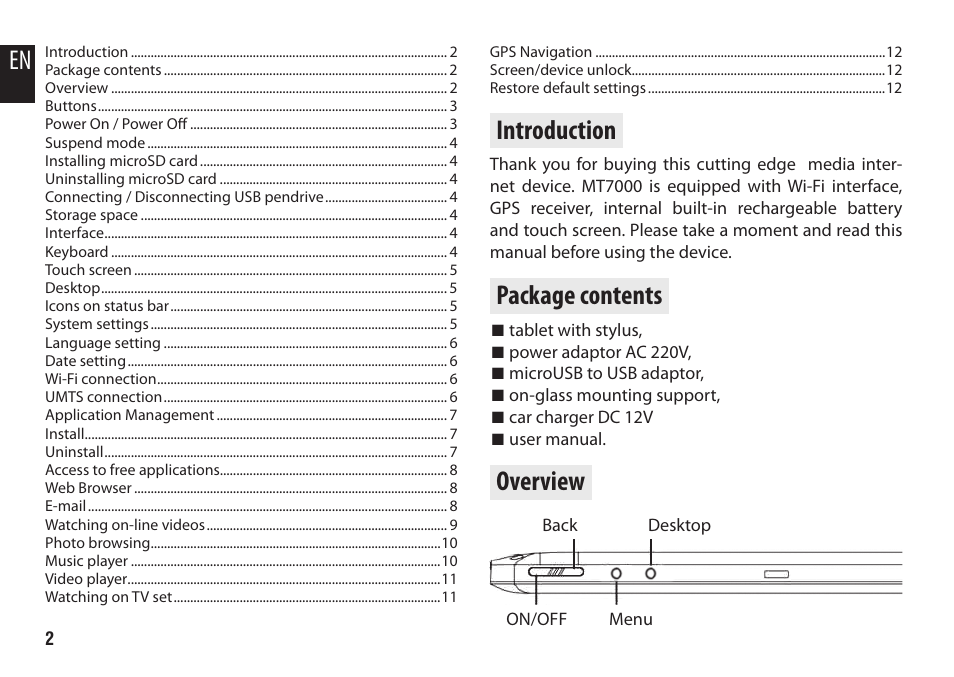 Introduction, Package contents, Overview | Media-Tech MASTER-MID GPS User Manual | Page 2 / 12