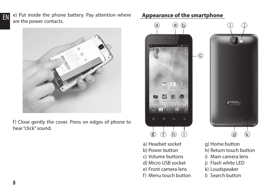 Appearance of the smartphone | Media-Tech IMPERIUS EN3RGY User Manual | Page 8 / 20