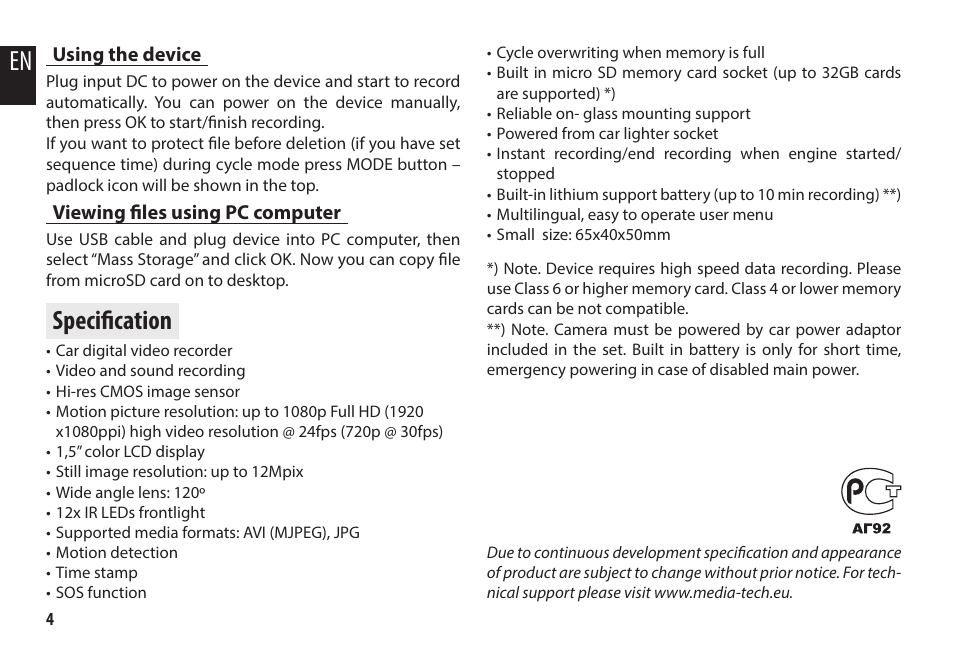 Specification | Media-Tech U-DRIVE UP User Manual | Page 4 / 22