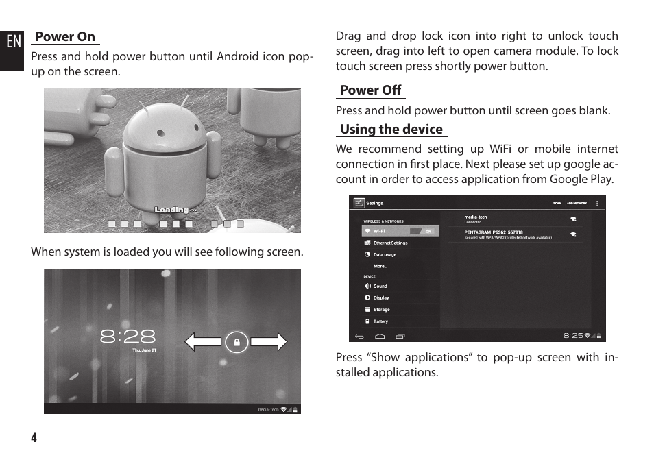 Power on, Power off, Using the device | Media-Tech CASSIUS User Manual | Page 4 / 6