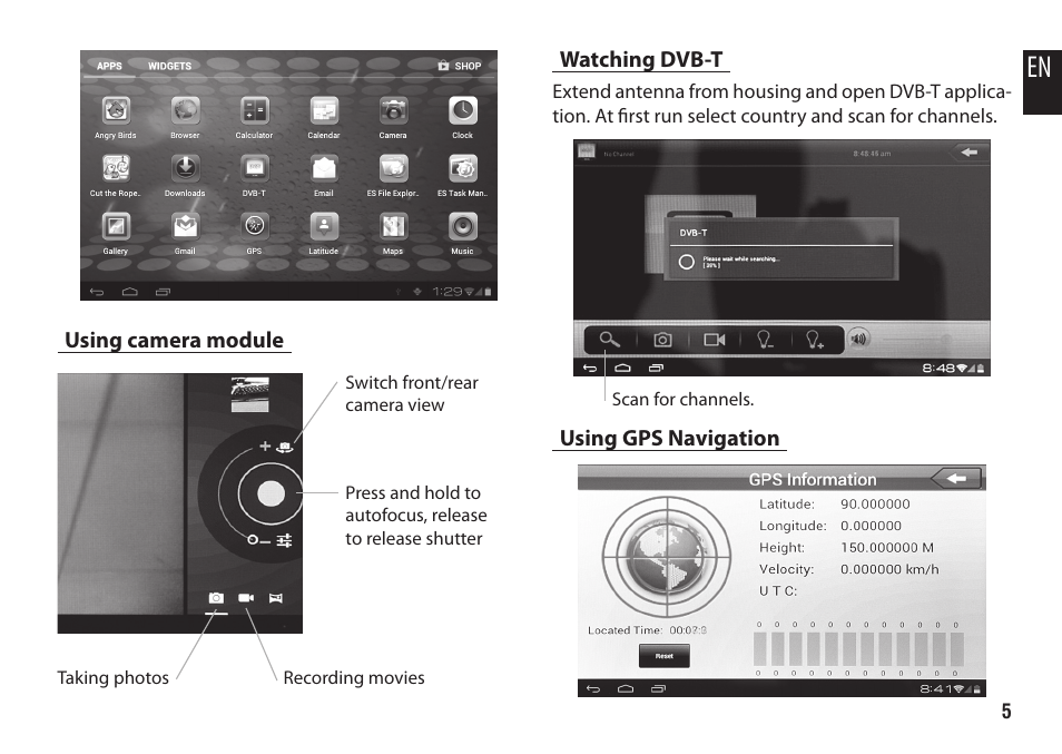 Using camera module, Watching dvb-t, Using gps navigation | Media-Tech CASSIUS User Manual | Page 5 / 6