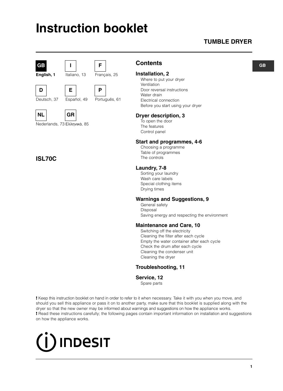 Indesit ISL 70 C User Manual | 96 pages