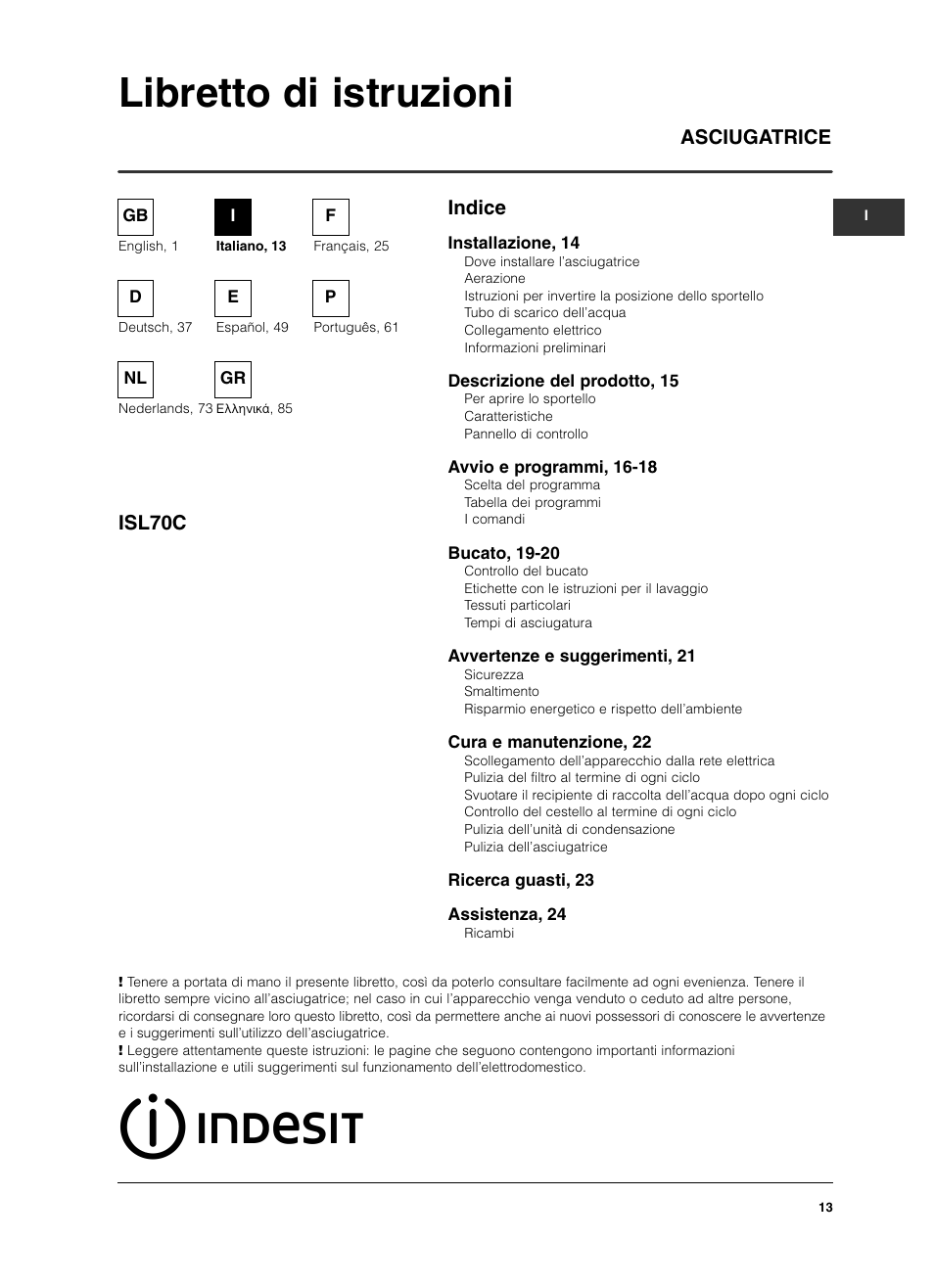 Libretto di istruzioni, Indice asciugatrice isl70c | Indesit ISL 70 C User Manual | Page 13 / 96