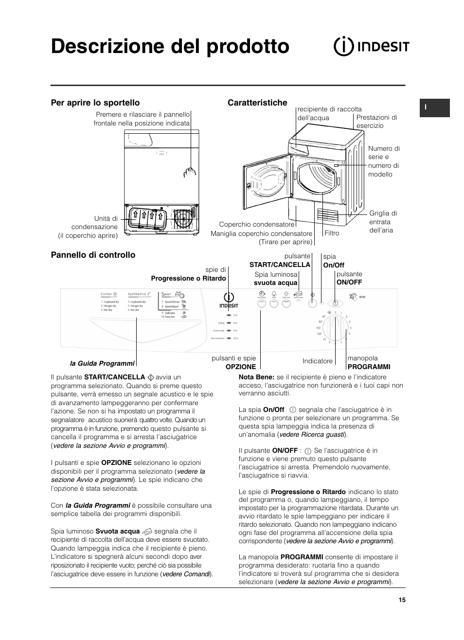 Descrizione del prodotto, Pannello di controllo, Per aprire lo sportello caratteristiche | Indesit ISL 70 C User Manual | Page 15 / 96