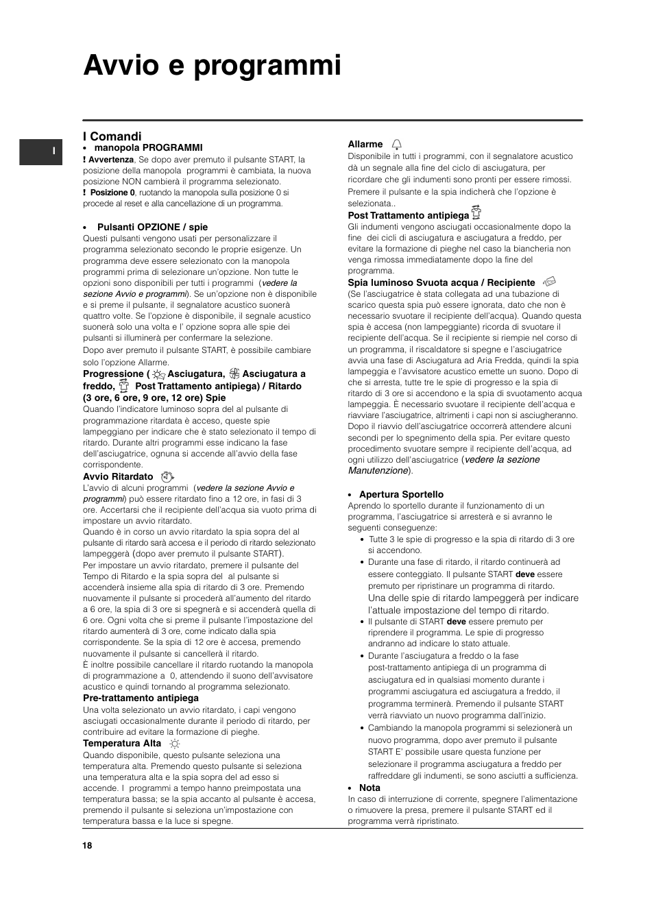 Avvio e programmi, I comandi | Indesit ISL 70 C User Manual | Page 18 / 96
