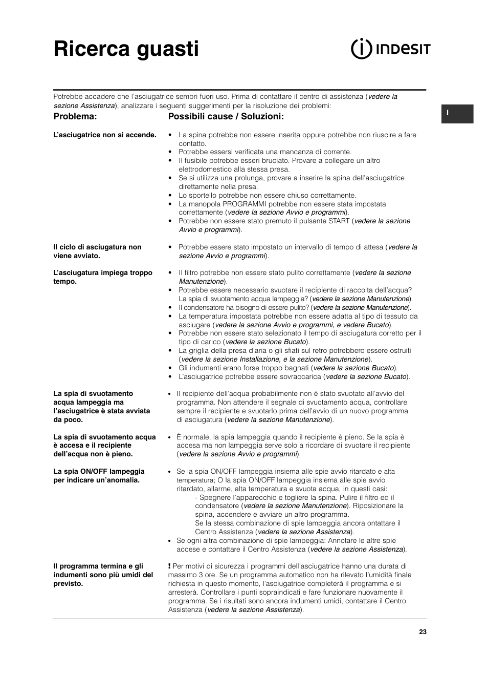 Ricerca guasti, Problema, Possibili cause / soluzioni | Indesit ISL 70 C User Manual | Page 23 / 96