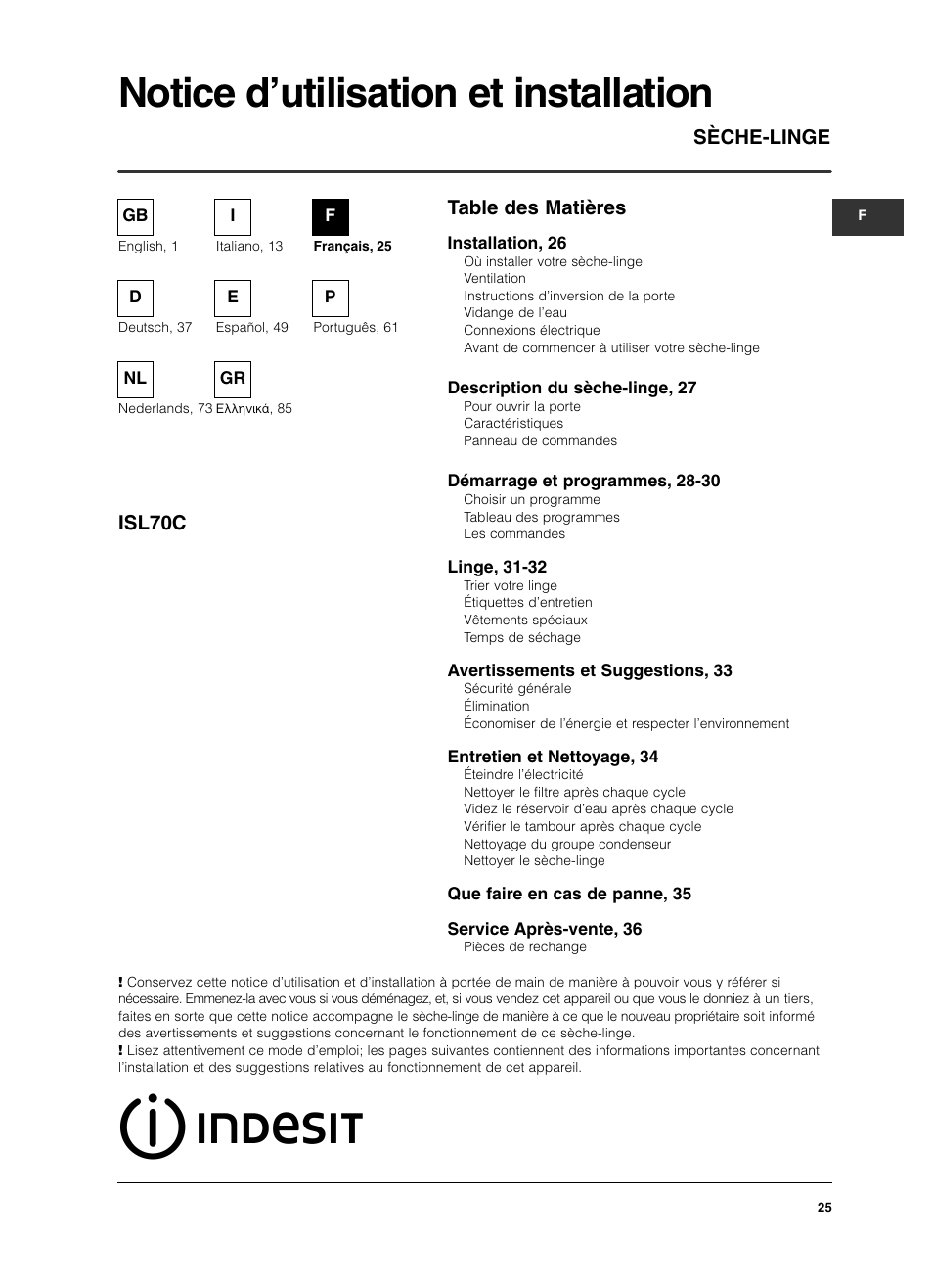 Indesit ISL 70 C User Manual | Page 25 / 96