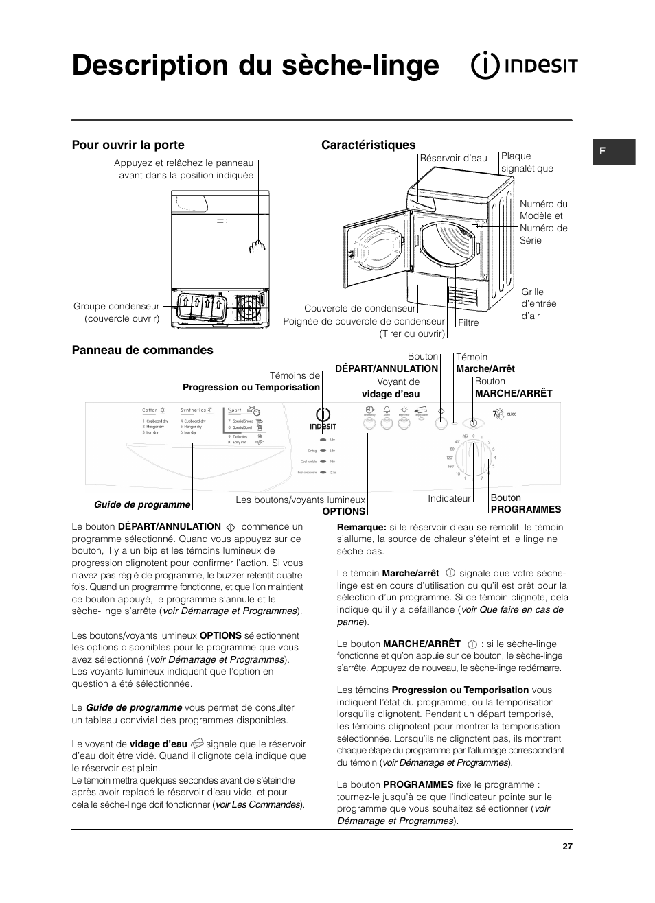 Description du sèche-linge, Panneau de commandes, Pour ouvrir la porte caractéristiques | Indesit ISL 70 C User Manual | Page 27 / 96