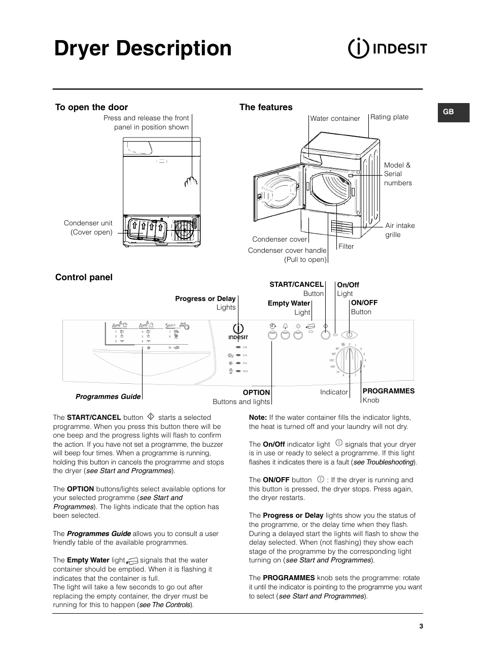 Dryer description, Control panel | Indesit ISL 70 C User Manual | Page 3 / 96