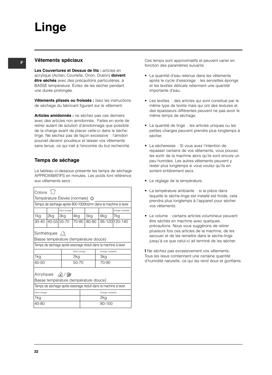 Linge, Vêtements spéciaux, Temps de séchage | Indesit ISL 70 C User Manual | Page 32 / 96