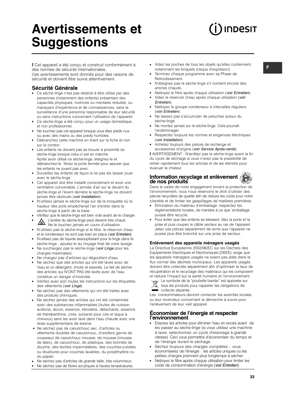Avertissements et suggestions, Sécurité générale | Indesit ISL 70 C User Manual | Page 33 / 96
