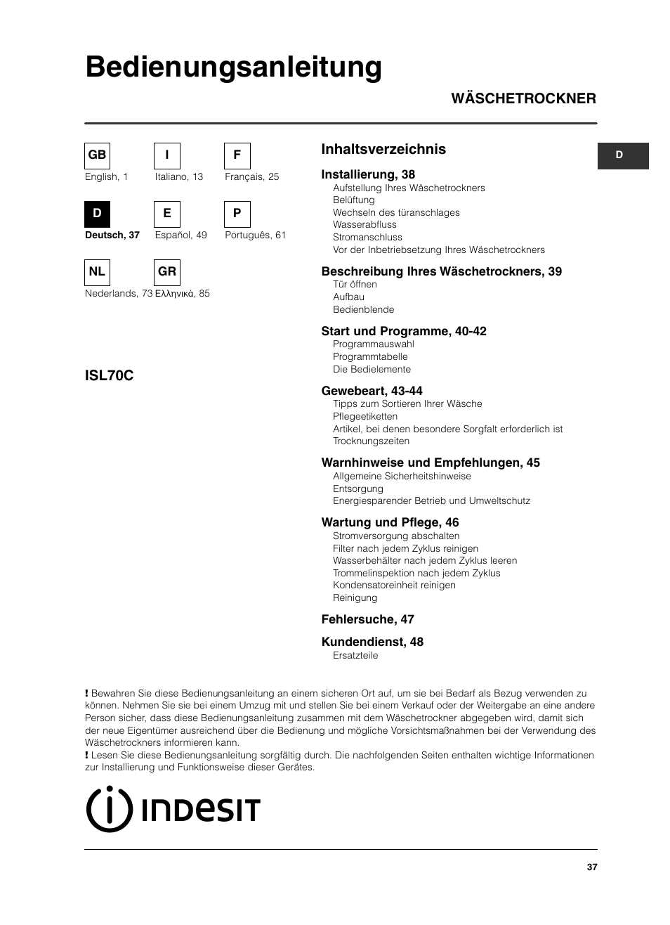 Bedienungsanleitung, Inhaltsverzeichnis wäschetrockner isl70c | Indesit ISL 70 C User Manual | Page 37 / 96