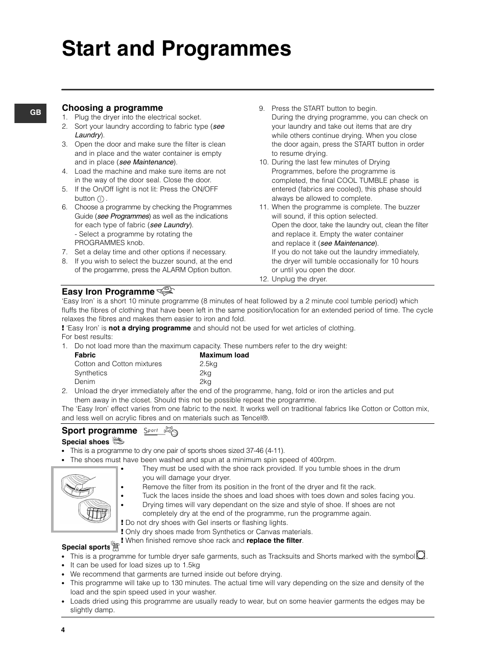 Start and programmes, Choosing a programme, Easy iron programme | Sport programme | Indesit ISL 70 C User Manual | Page 4 / 96