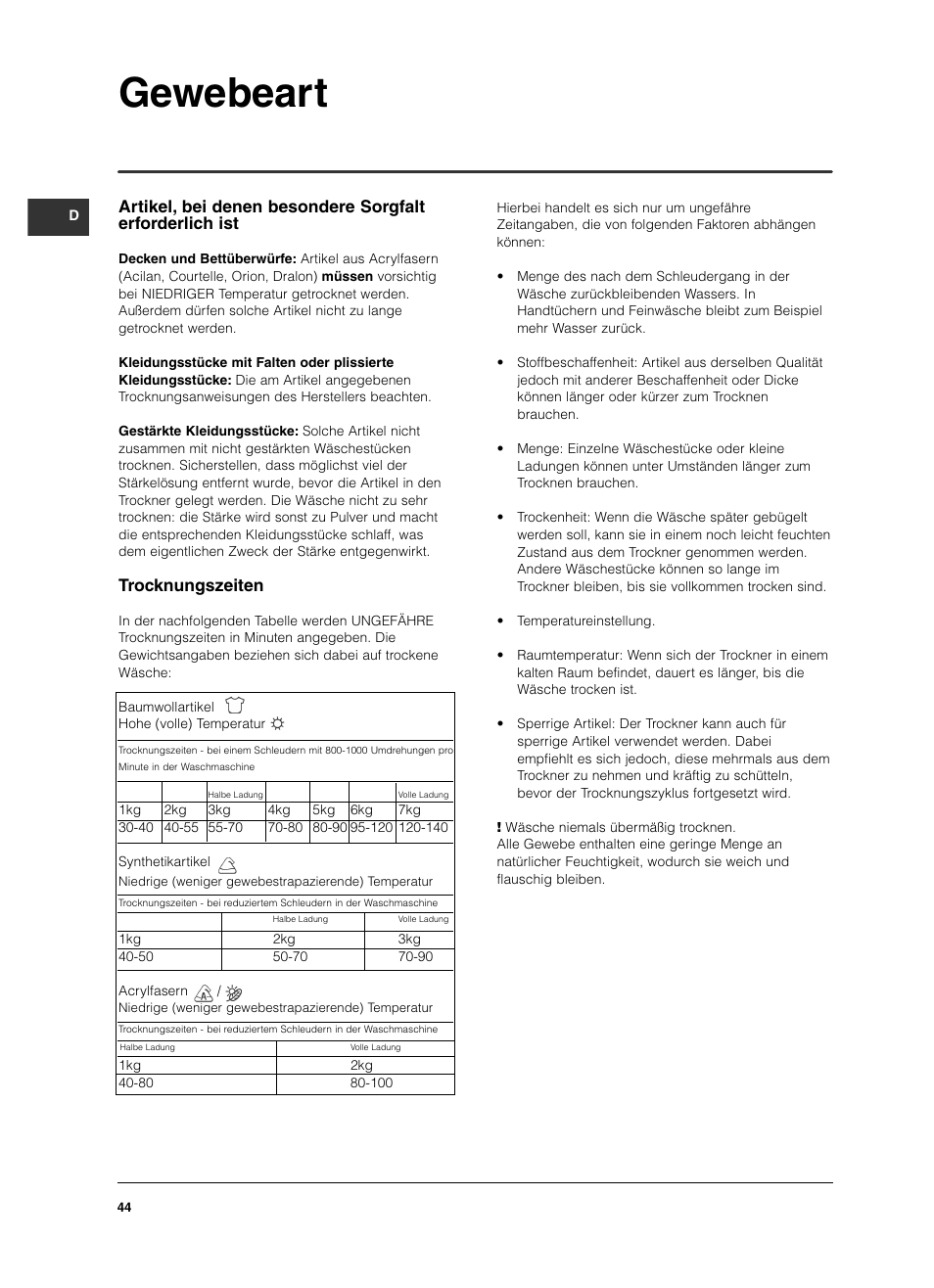 Gewebeart, Trocknungszeiten | Indesit ISL 70 C User Manual | Page 44 / 96