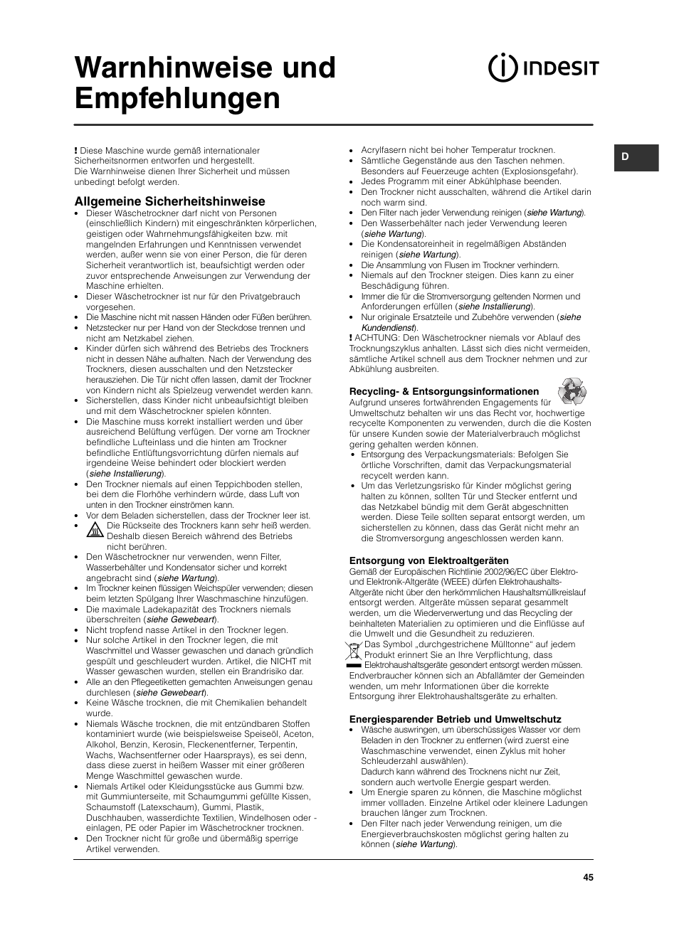 Warnhinweise und empfehlungen, Allgemeine sicherheitshinweise | Indesit ISL 70 C User Manual | Page 45 / 96