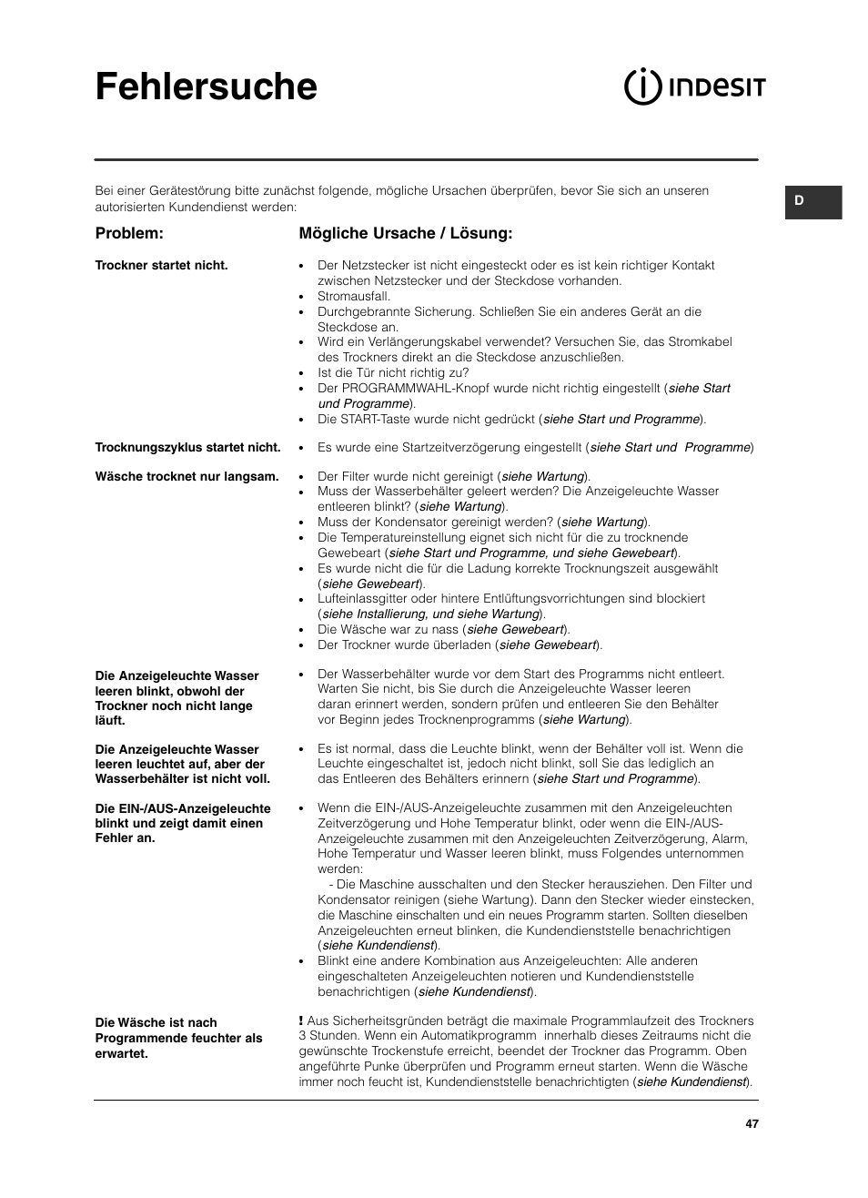 Fehlersuche, Problem, Mögliche ursache / lösung | Indesit ISL 70 C User Manual | Page 47 / 96