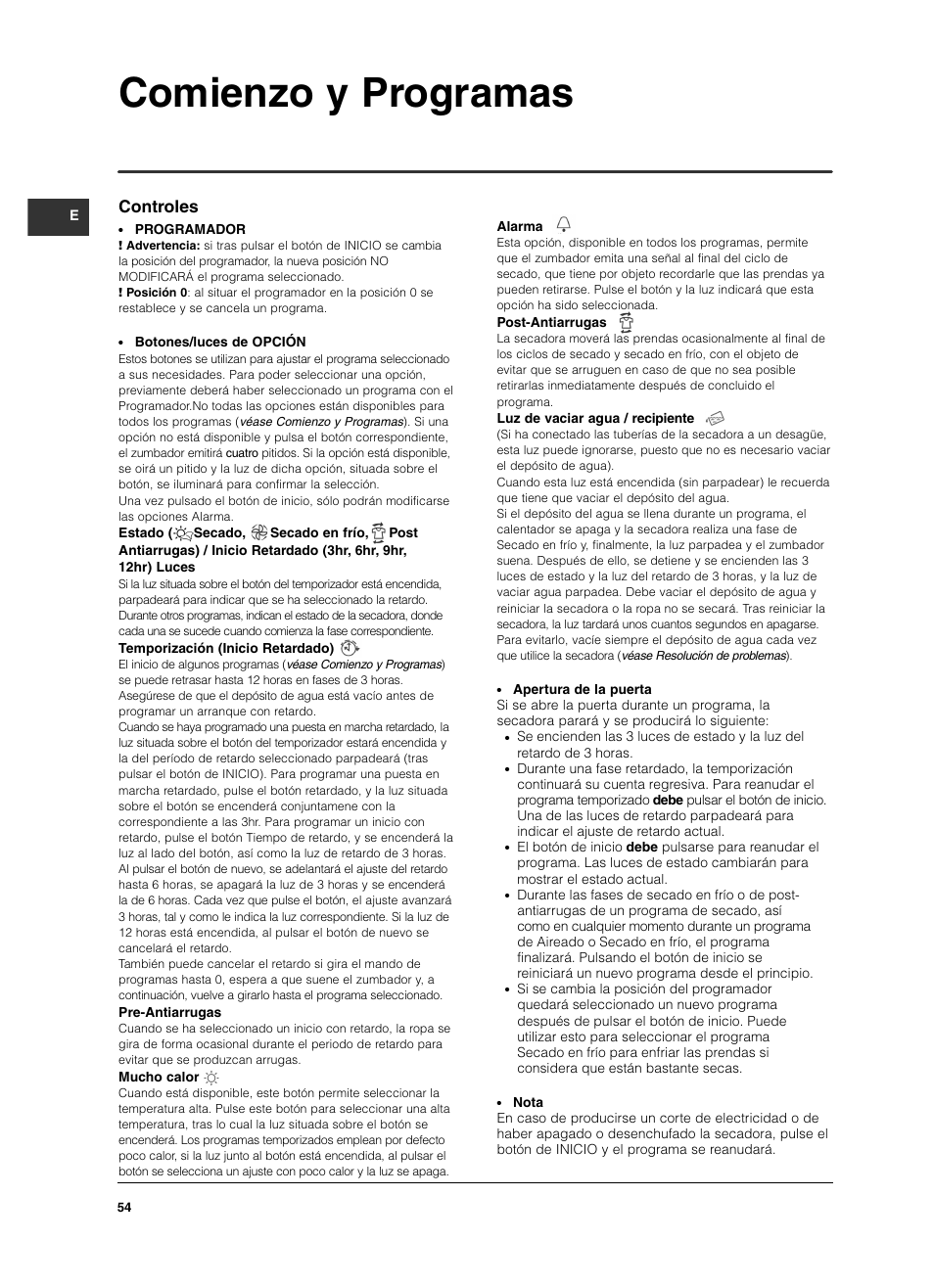 Comienzo y programas, Controles | Indesit ISL 70 C User Manual | Page 54 / 96