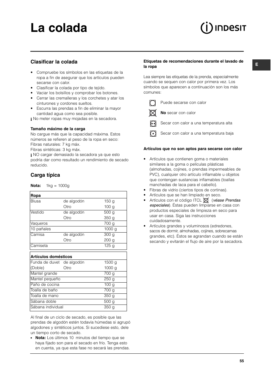 La colada, Clasificar la colada, Carga típica | Indesit ISL 70 C User Manual | Page 55 / 96