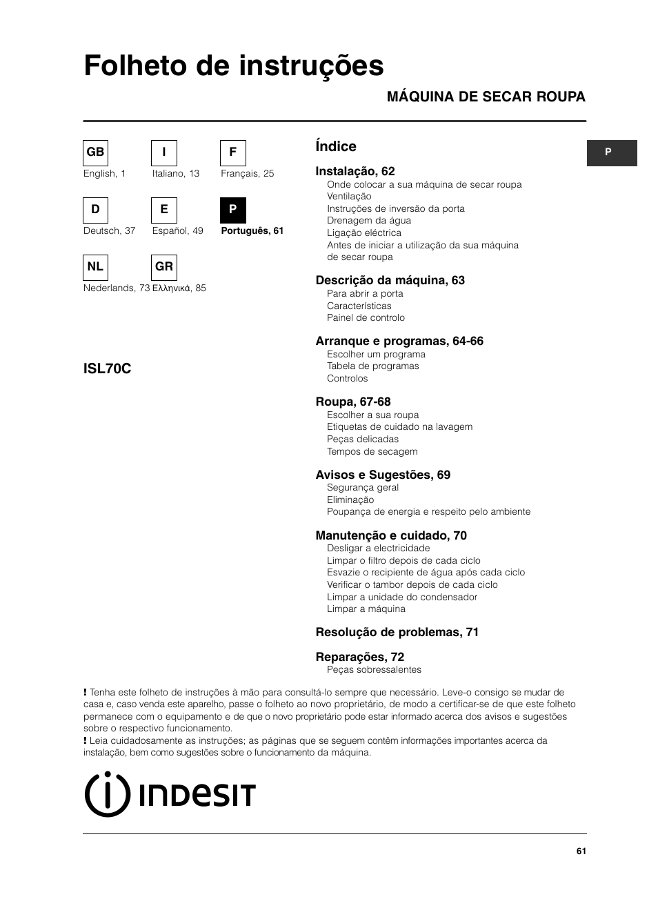 Folheto de instruções, Índice máquina de secar roupa isl70c | Indesit ISL 70 C User Manual | Page 61 / 96