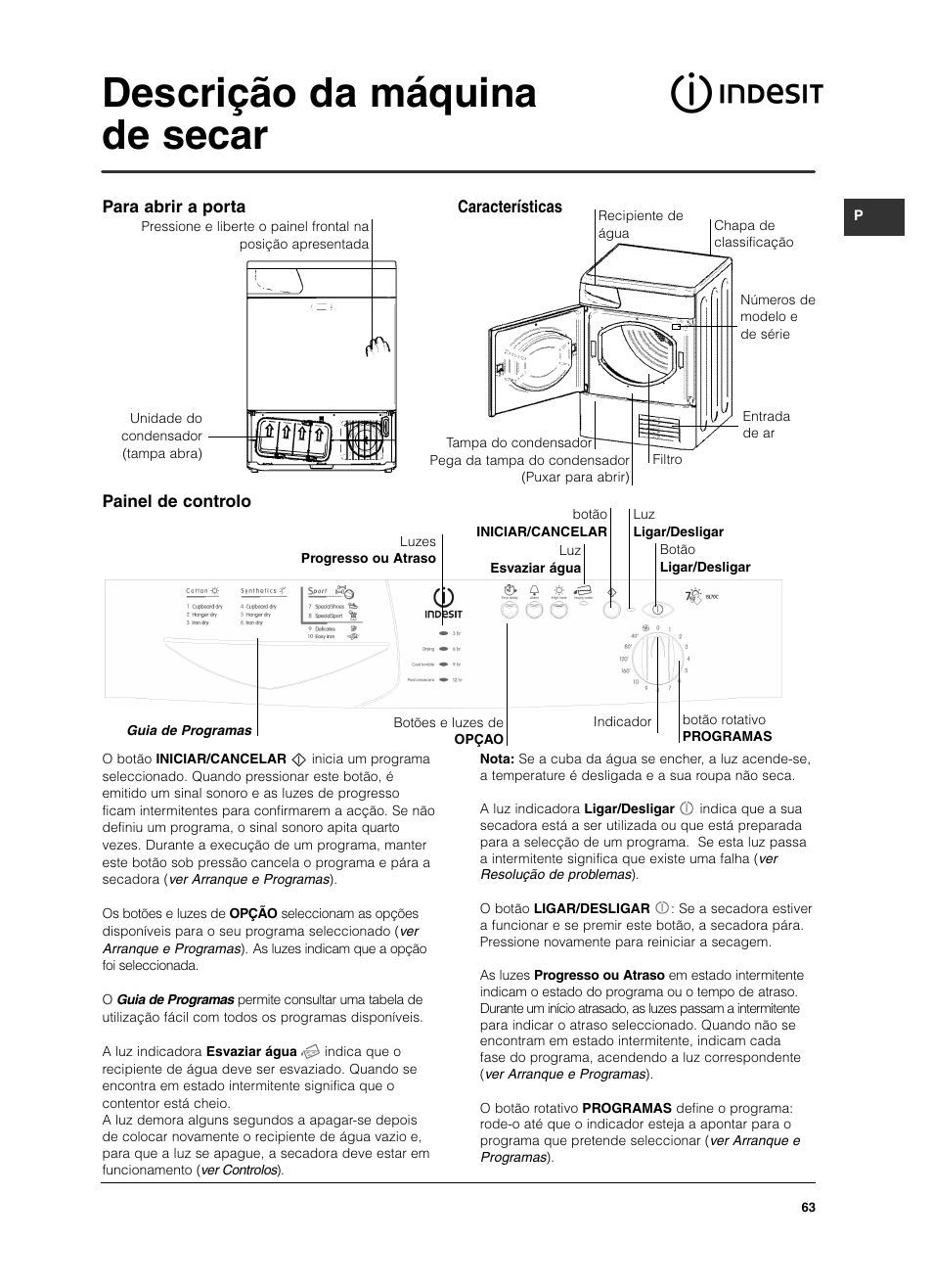 Descrição da máquina de secar, Painel de controlo, Para abrir a porta características | Indesit ISL 70 C User Manual | Page 63 / 96