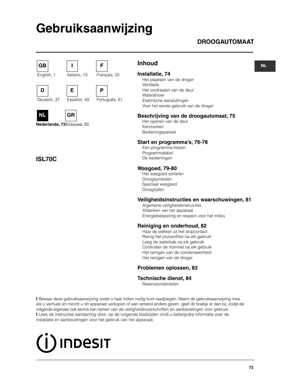 Gebruiksaanwijzing, Inhoud droogautomaat isl70c | Indesit ISL 70 C User Manual | Page 73 / 96