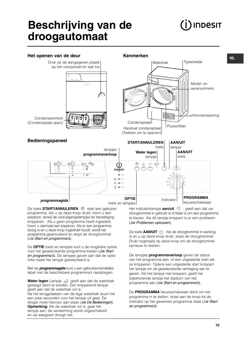 Beschrijving van de droogautomaat, Bedieningspaneel, Het openen van de deur kenmerken | Indesit ISL 70 C User Manual | Page 75 / 96