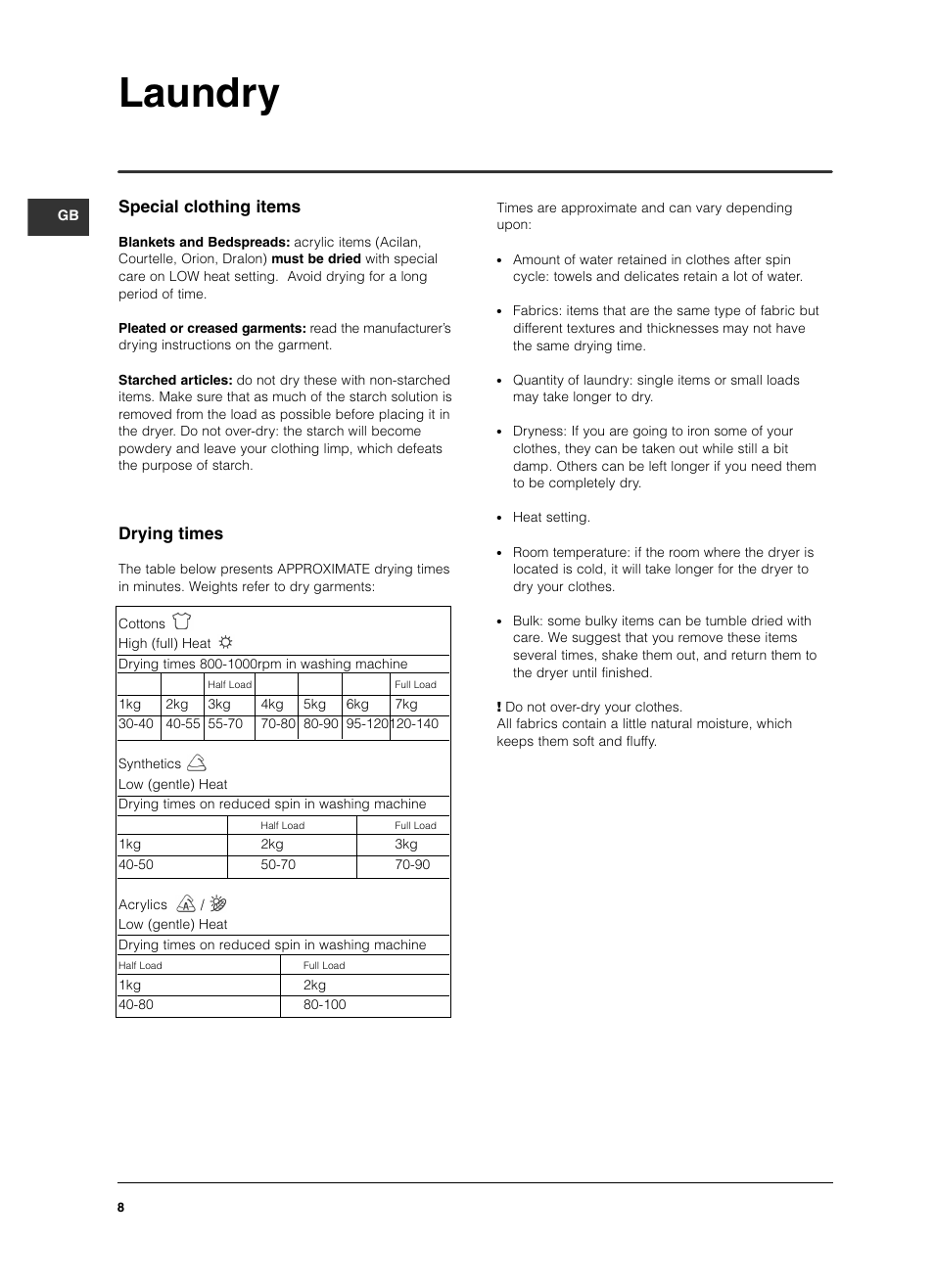 Laundry, Special clothing items, Drying times | Indesit ISL 70 C User Manual | Page 8 / 96