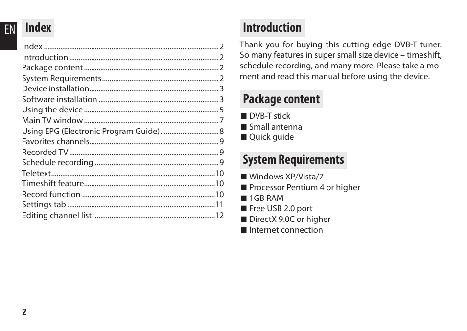 Index, Introduction, Package content | System requirements, En index | Media-Tech DVB-T STICK LT User Manual | Page 2 / 12