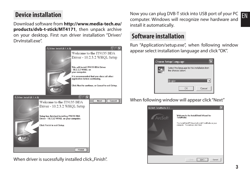 Device installation, Software installation, En device installation | Media-Tech DVB-T STICK LT User Manual | Page 3 / 12