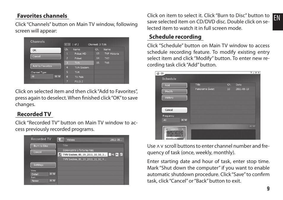 Favorites channels, Recorded tv, Schedule recording | Media-Tech DVB-T STICK LT User Manual | Page 9 / 12