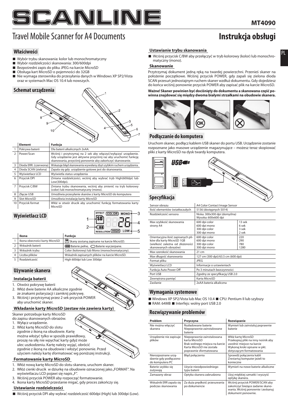Scanline, Travel mobile scanner for a4 documents, Instrukcja obsługi | Mt4090, Właściwości, Wymagania systemowe, Rozwiązywanie problemów pl, Podłączanie do komputera, Specyfi kacja | Media-Tech SCANLINE User Manual | Page 2 / 6
