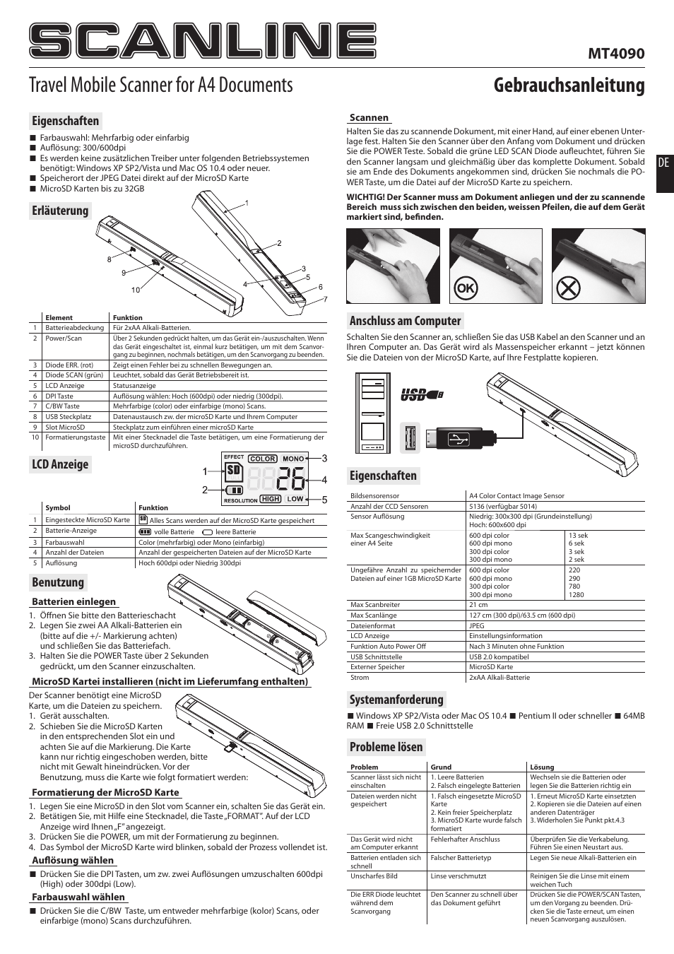 Scanline, Travel mobile scanner for a4 documents, Gebrauchsanleitung | Mt4090, Eigenschaften, Erläuterung lcd anzeige, Systemanforderung, Probleme lösen de, Anschluss am computer, Benutzung | Media-Tech SCANLINE User Manual | Page 3 / 6
