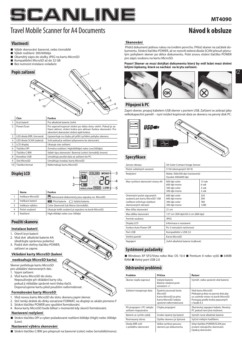 Scanline, Travel mobile scanner for a4 documents, Návod k obsluze | Mt4090, Vlastnosti, Popis zařízení displej lcd použití skaneru, Systémové požadavky, Odstranění problémů cz, Připojení k pc, Specyfi kace | Media-Tech SCANLINE User Manual | Page 4 / 6