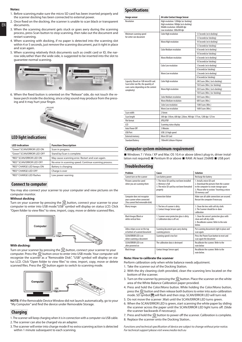 Charging, Connect to computer, Computer system minimum requirement | Media-Tech SCANLINE COMBO User Manual | Page 2 / 2