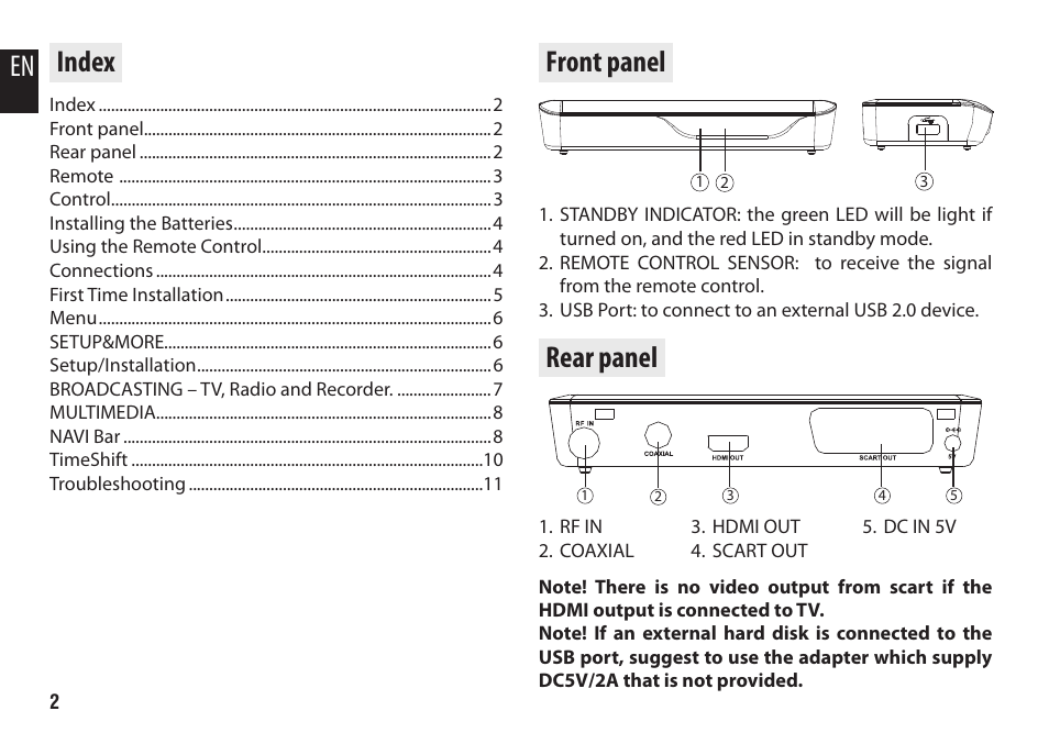 En index, Front panel rear panel | Media-Tech U-SCREEN LITE User Manual | Page 2 / 12