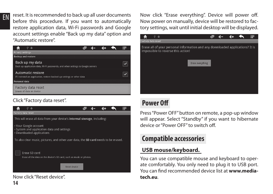 Power oﬀ, Compatible accessories | Media-Tech ENGAGE HQ PRO User Manual | Page 14 / 16