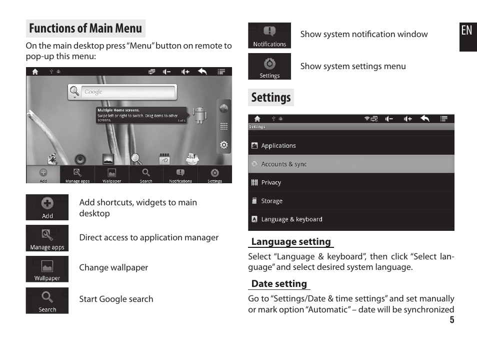 Functions of main menu, Settings | Media-Tech ENGAGE HQ PRO User Manual | Page 5 / 16