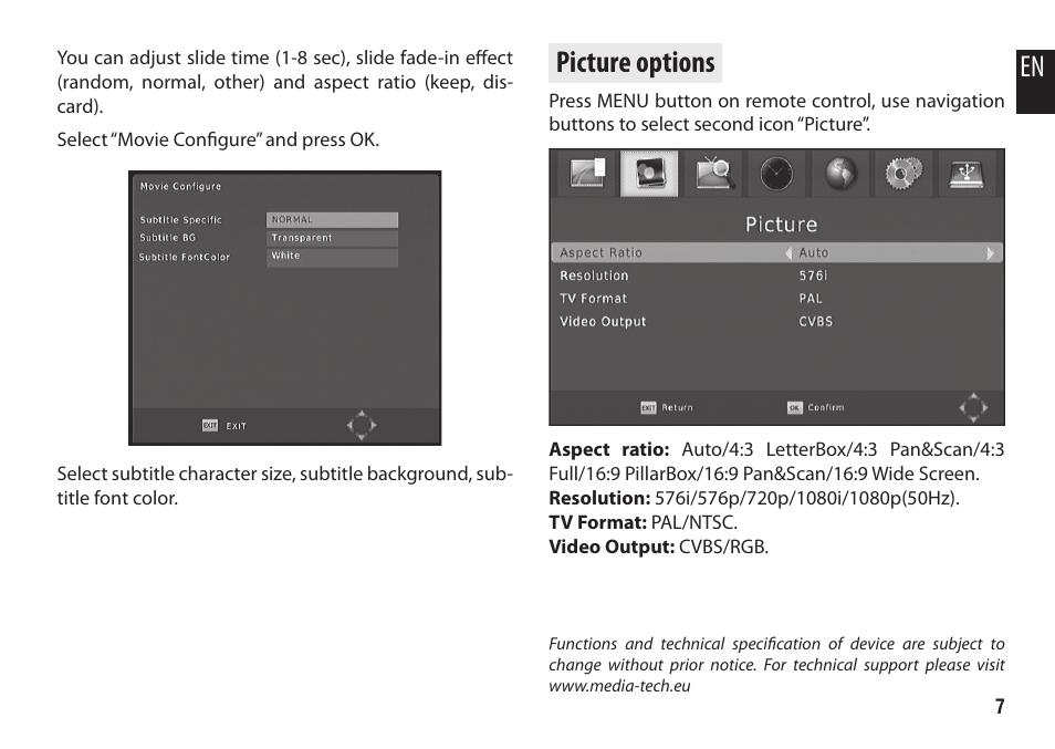 Picture options | Media-Tech U-SCREEN User Manual | Page 7 / 8