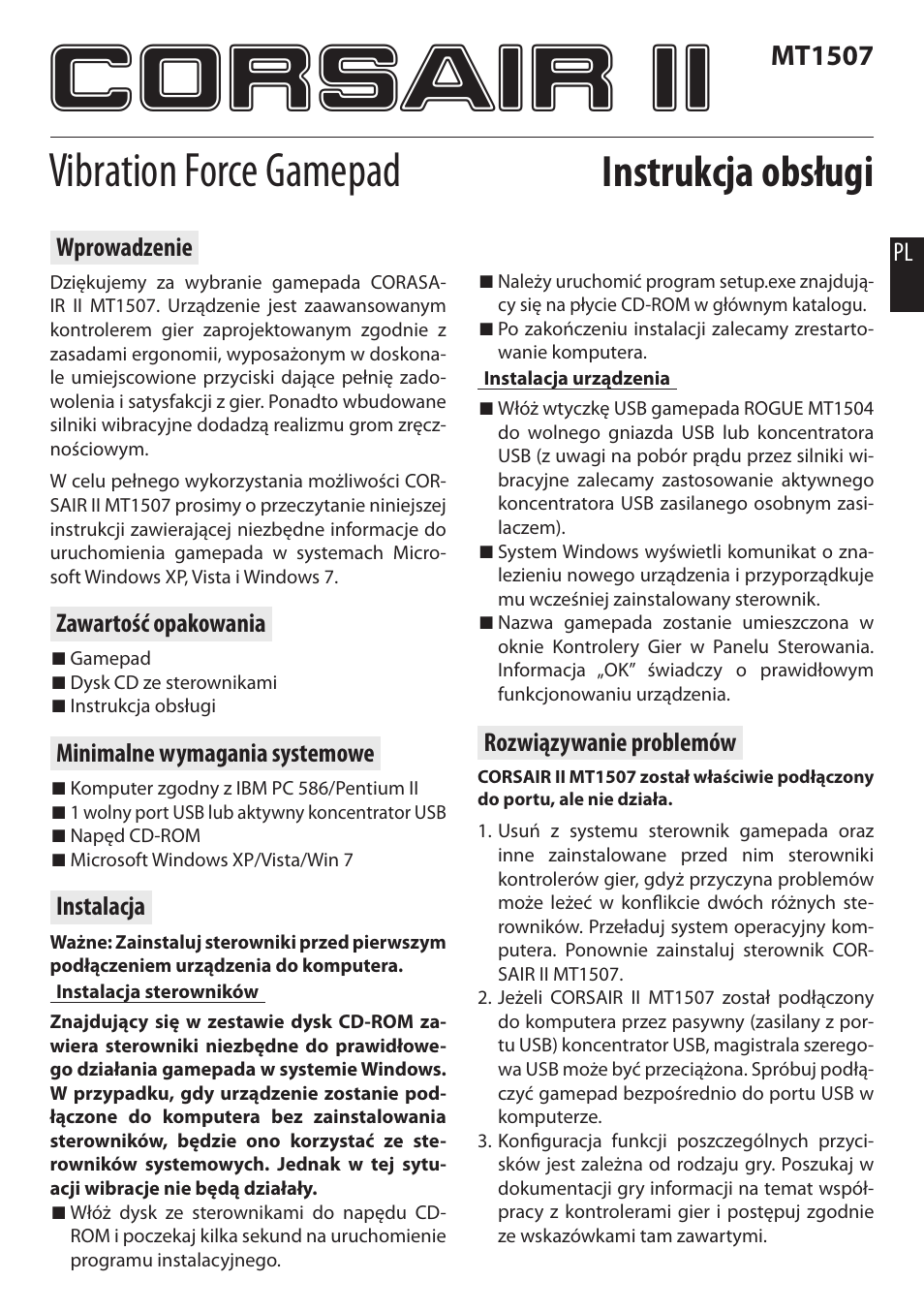 Corsair ii, Vibration force gamepad, Instrukcja obsługi | Mt1507 | Media-Tech CORSAIR II User Manual | Page 3 / 10