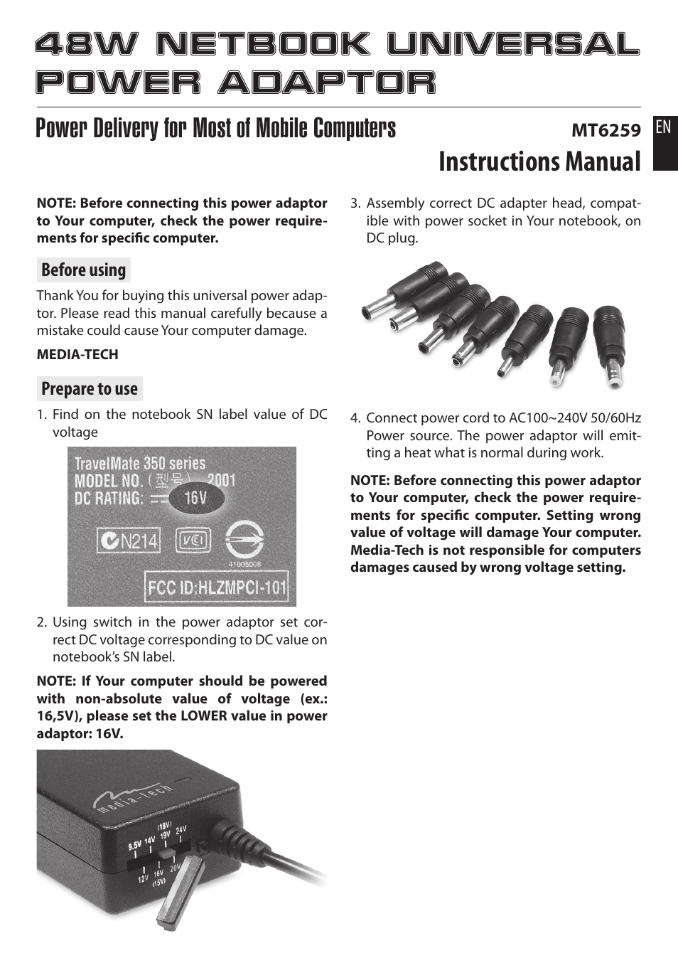 Media-Tech 48W NETBOOK UNIVERSAL POWER ADAPTOR User Manual | 7 pages