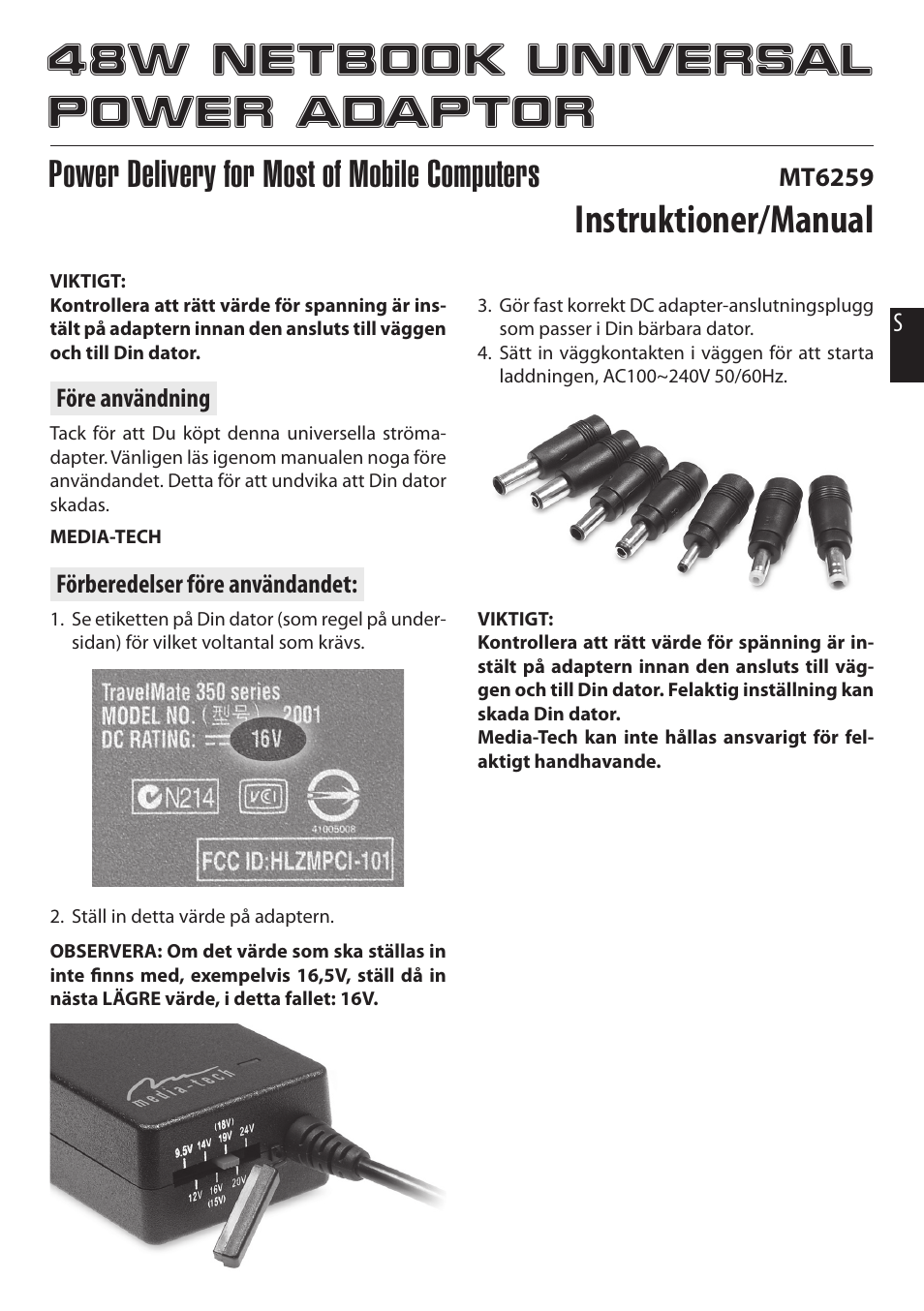 48w netbook universal power adaptor, Instruktioner/manual, Power delivery for most of mobile computers | Media-Tech 48W NETBOOK UNIVERSAL POWER ADAPTOR User Manual | Page 3 / 7