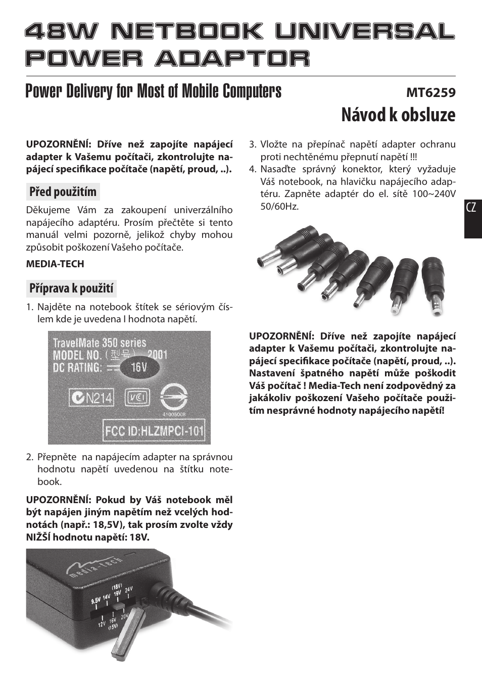 48w netbook universal power adaptor, Návod k obsluze, Power delivery for most of mobile computers | Media-Tech 48W NETBOOK UNIVERSAL POWER ADAPTOR User Manual | Page 4 / 7