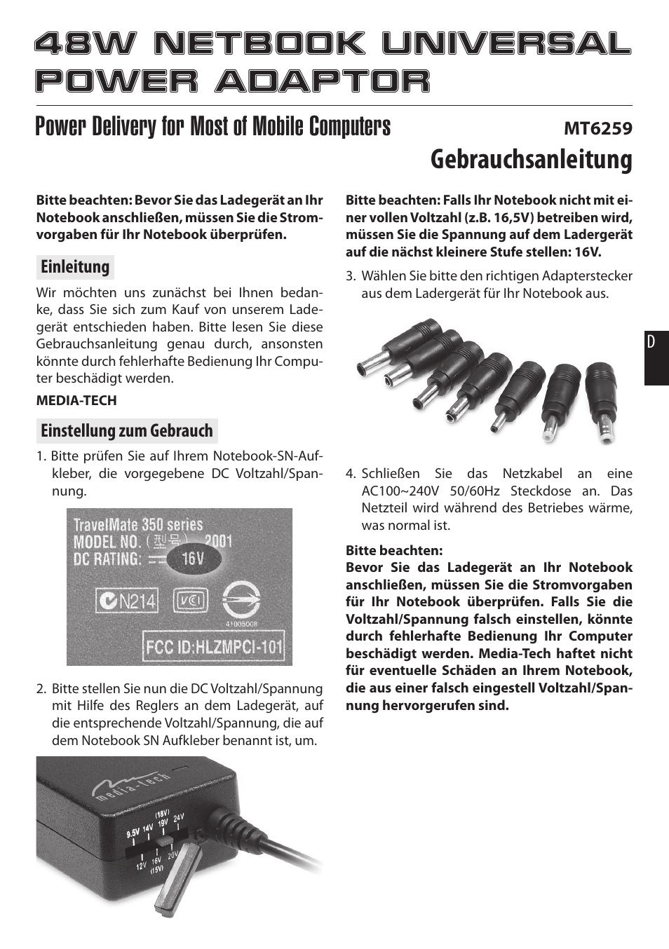 48w netbook universal power adaptor, Gebrauchsanleitung, Power delivery for most of mobile computers | Media-Tech 48W NETBOOK UNIVERSAL POWER ADAPTOR User Manual | Page 5 / 7