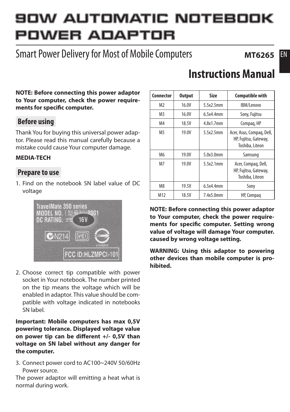 Media-Tech 90W AUTOMATIC NOTEBOOK POWER ADAPTOR User Manual | 8 pages